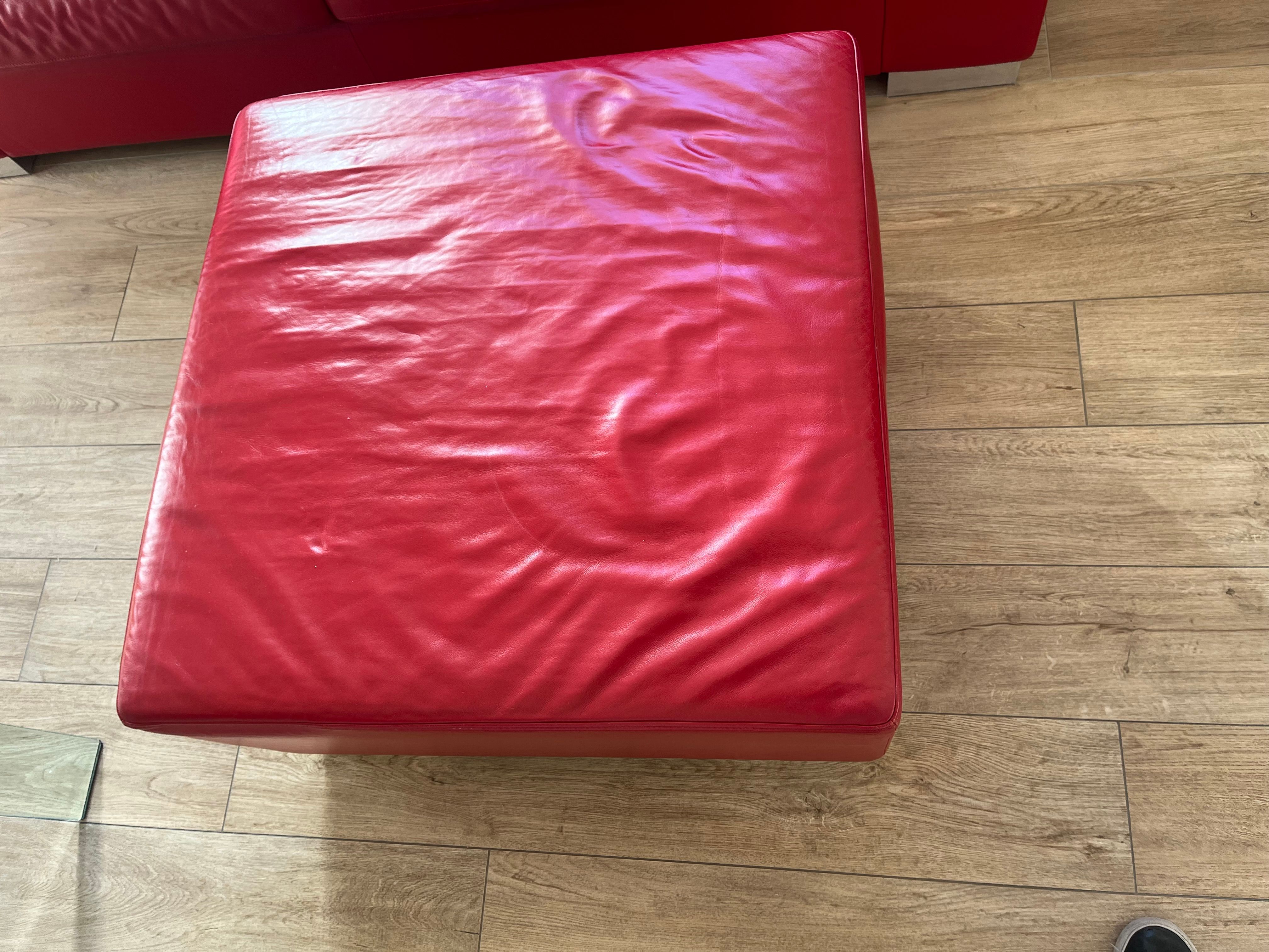 Set of 2 seater sofa and Massimo pouf upholstered in red leather, Poltrona Frau Side