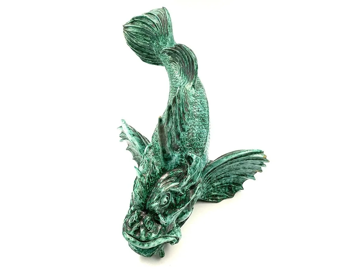 Scultura vintage Pesce Scorfano terracotta smaltata (verde) 1