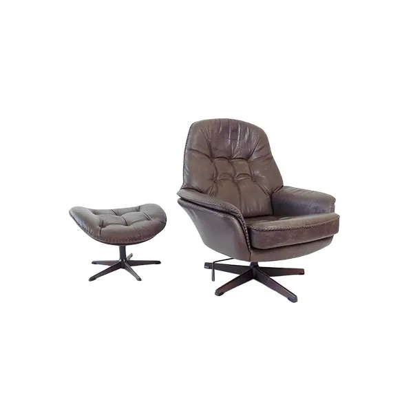 Dänischer Vintage Sessel mit Hocker aus grauem Leder (60er Jahre) 4