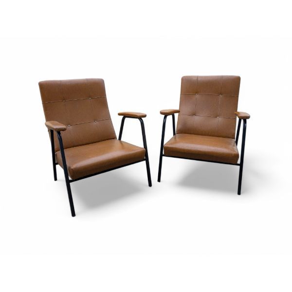 Coppia di poltrone in pelle marrone (anni '70), image