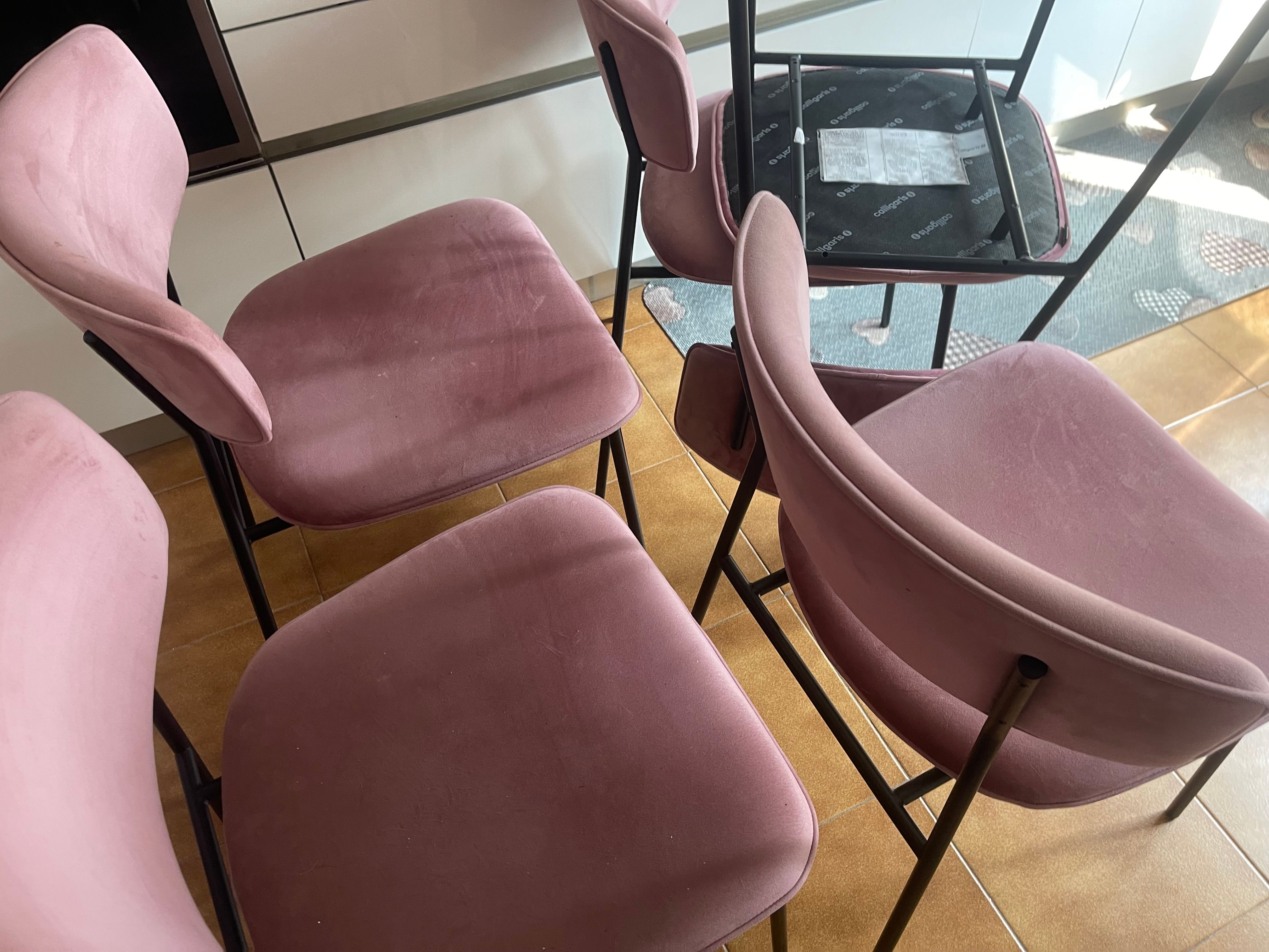 6er Set Rosa Samt Esszimmerstühle im Retro Fifties Design Front