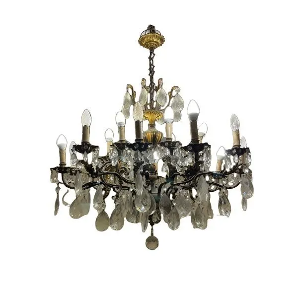 Lampadario a sospensione vintage in cristallo e ottone 