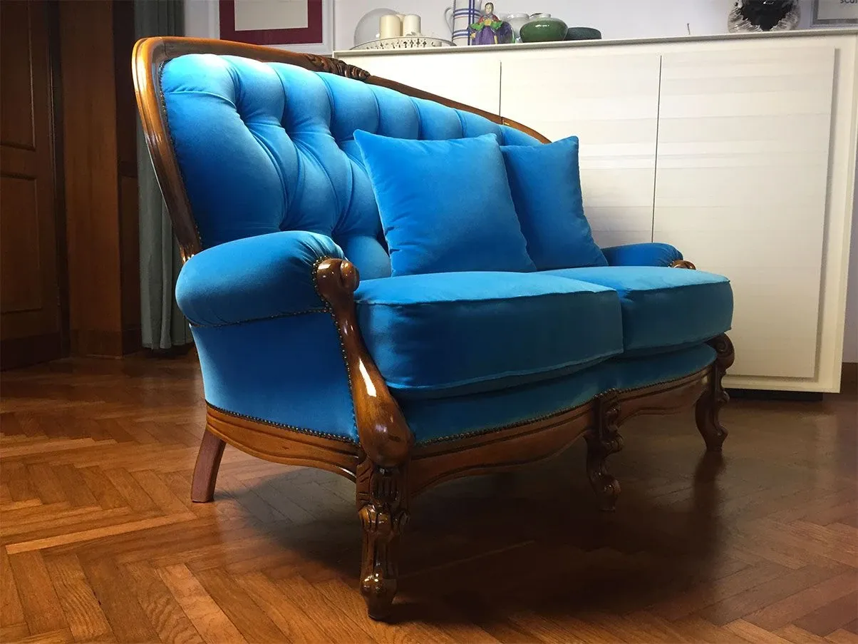 Divano vintage in stile Chippendale in velluto (azzurro) 1
