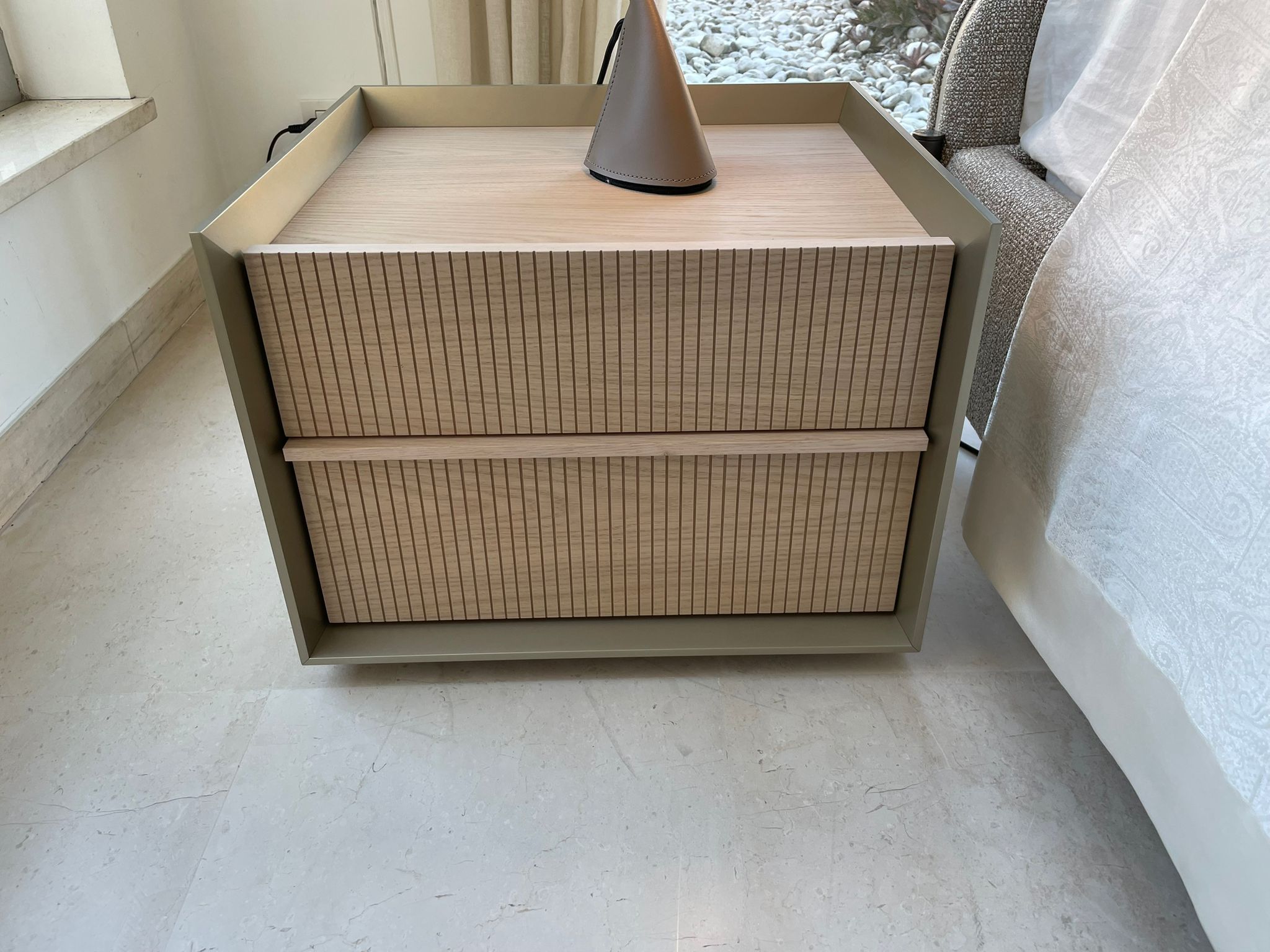 Set of 2 bedside tables and chest of drawers in champagne-coloured wood, Olivieri  Brand