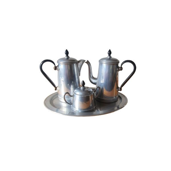 Set of coffee/tea percolator and aluminum tray, image