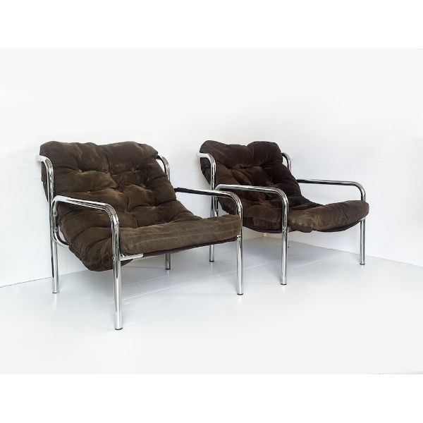 Pair of vintage armchairs in steel and Nubuck leather (70s), image