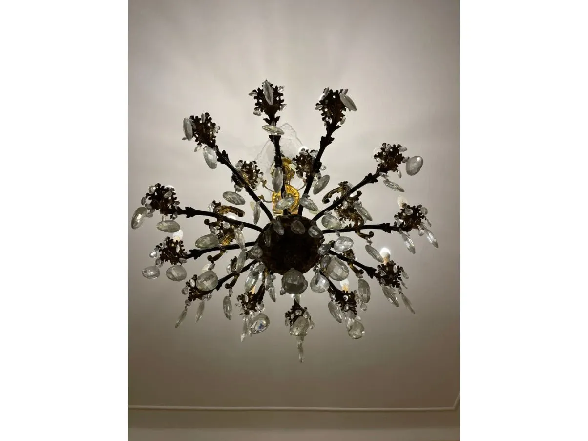 Lampadario a sospensione vintage in cristallo e ottone 4