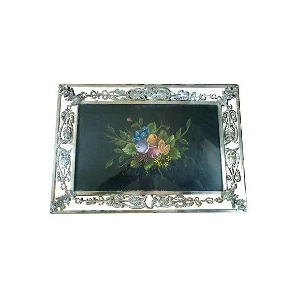 Vassoio vintage in bronzo con disegno floreale,  