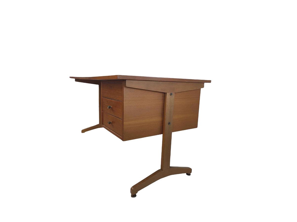 Scrivania vintage in teak e ottone con 3 cassetti (anni '70)