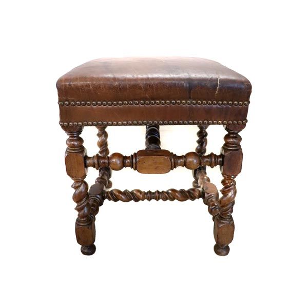 Vintage stool in walnut and leather, (18th century), image