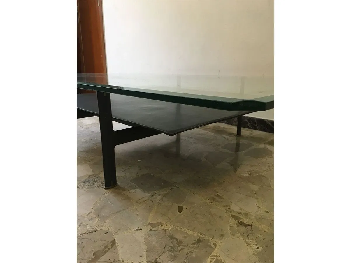 Tavolino rettangolare vintage in metallo e vetro (nero) 1