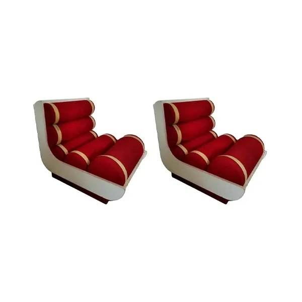 Set of 2 space age armchairs in wood and red fabric (1970s) image