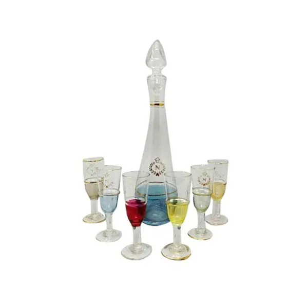 Decanter and 6 colored crystal glasses (1950s), image