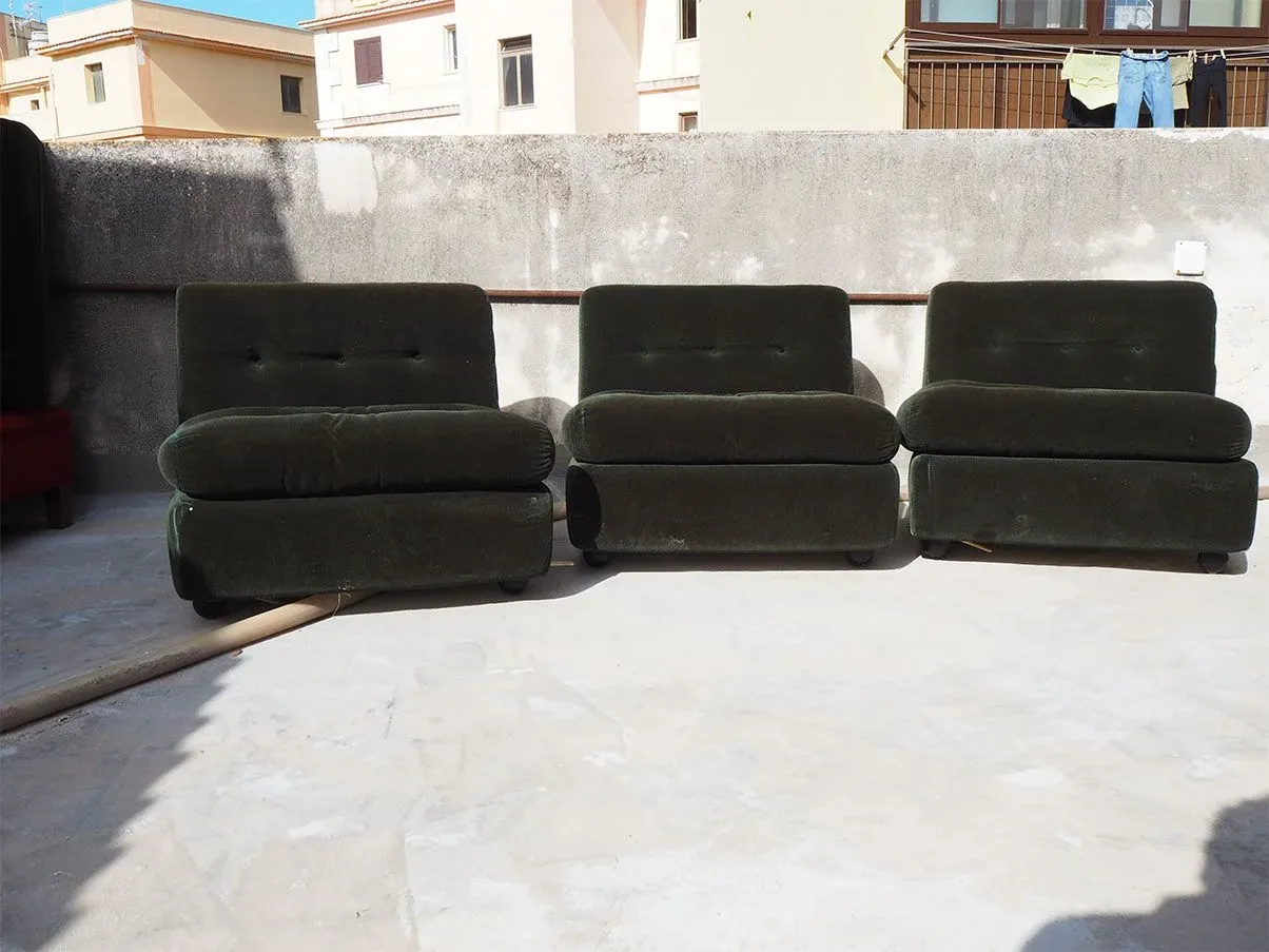 Set 5 poltrone vintage Amanta in ciniglia (verde), B&B Italia 1