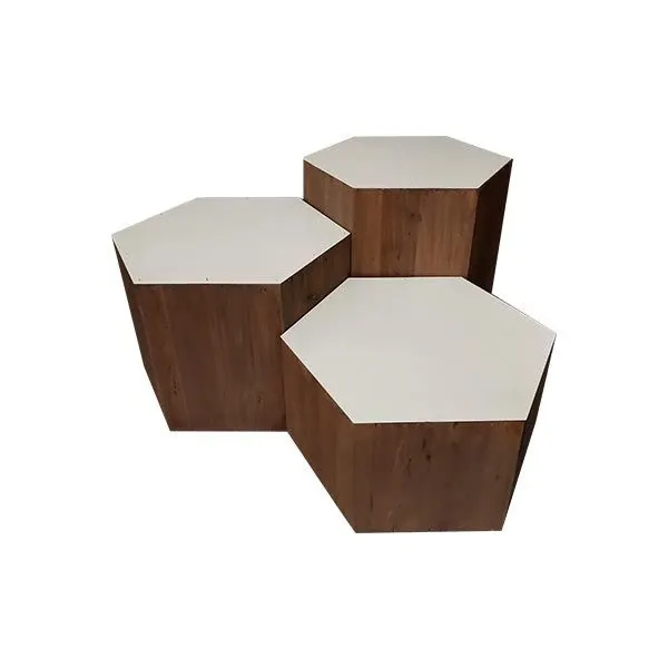 Set of 3 hexagonal service tables in wood and metal, Design By Us image