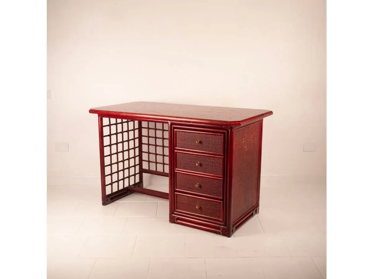 Vintage rattan and red leather desk (1970s), image