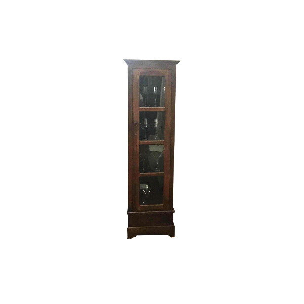 Vintage display cabinet with door and drawer in wood and glass