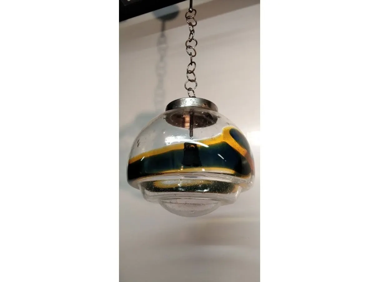 Pendelleuchte aus Glas mit bunten Details (70er Jahre) 1
