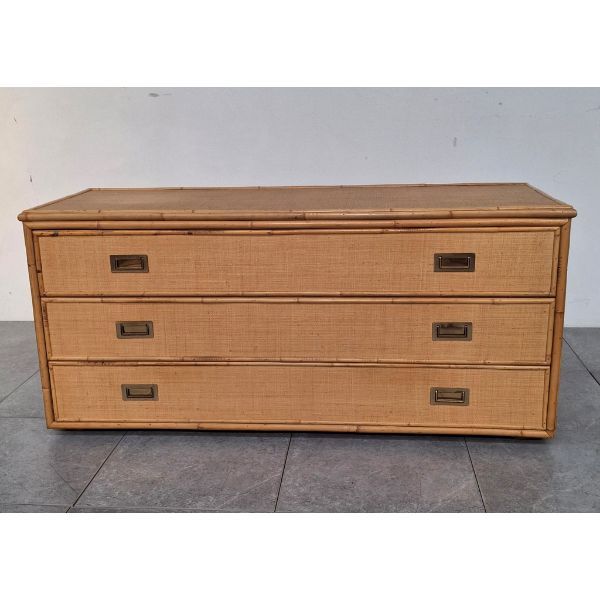 Wooden rattan and wicker chest of drawers (70s) Main