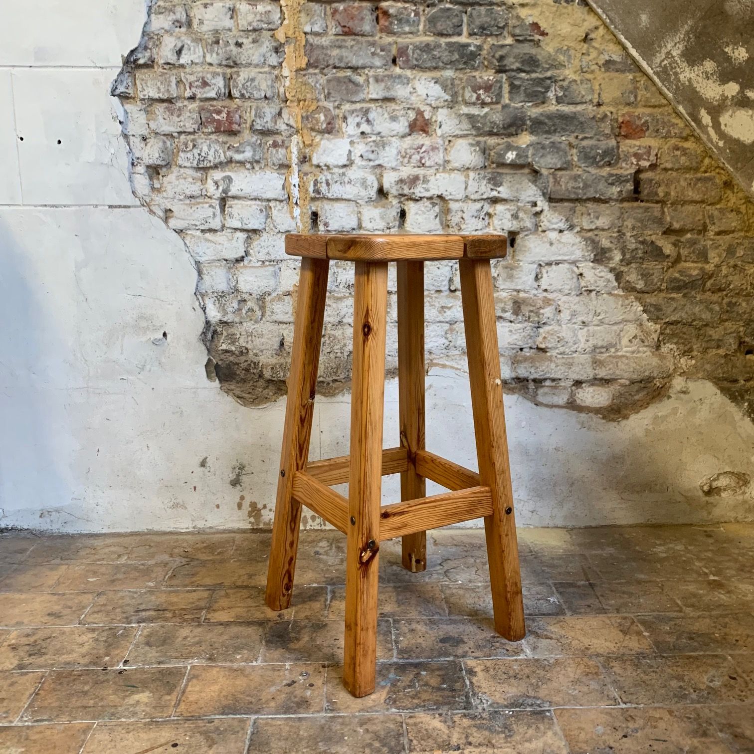 1980s Brutalist Style Solid Pine Bar Stool image