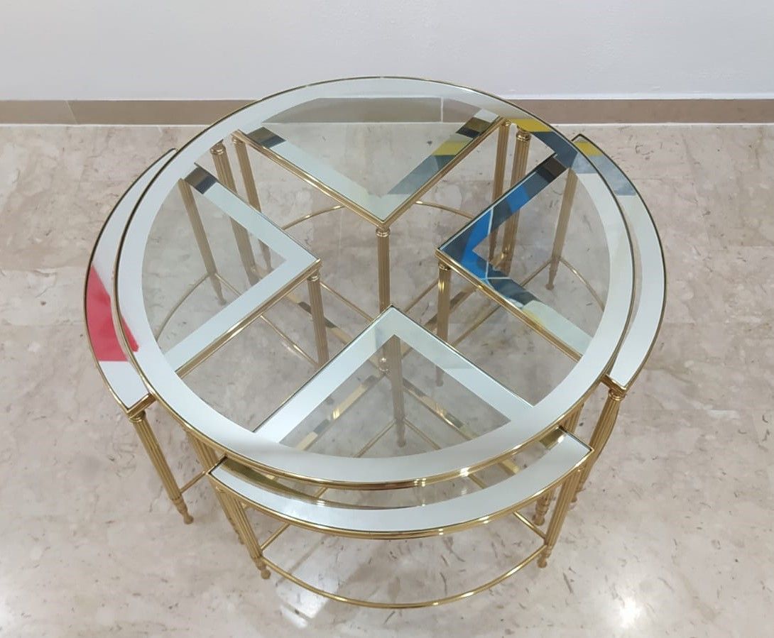 Set tavolini da caffè in ottone e vetro 1970, Front