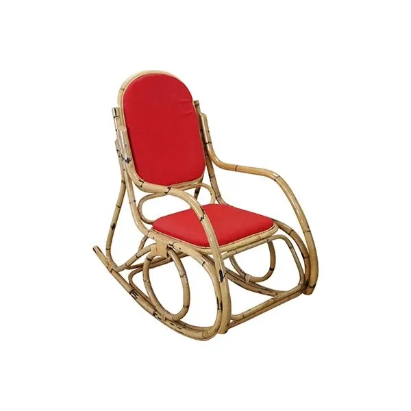 Sedia a dondolo vintage in bambù e stoffa rossa (anni '80) 