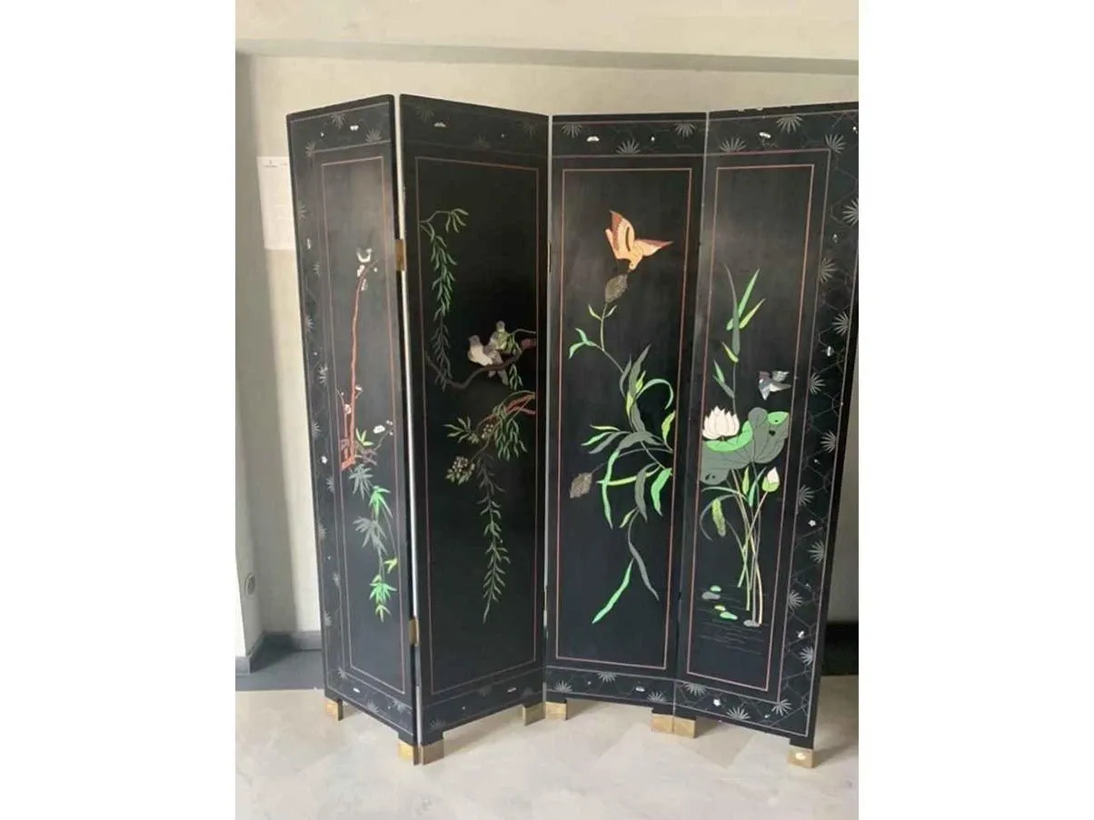 Paravento vintage etnico in legno e ottone (anni '80), 