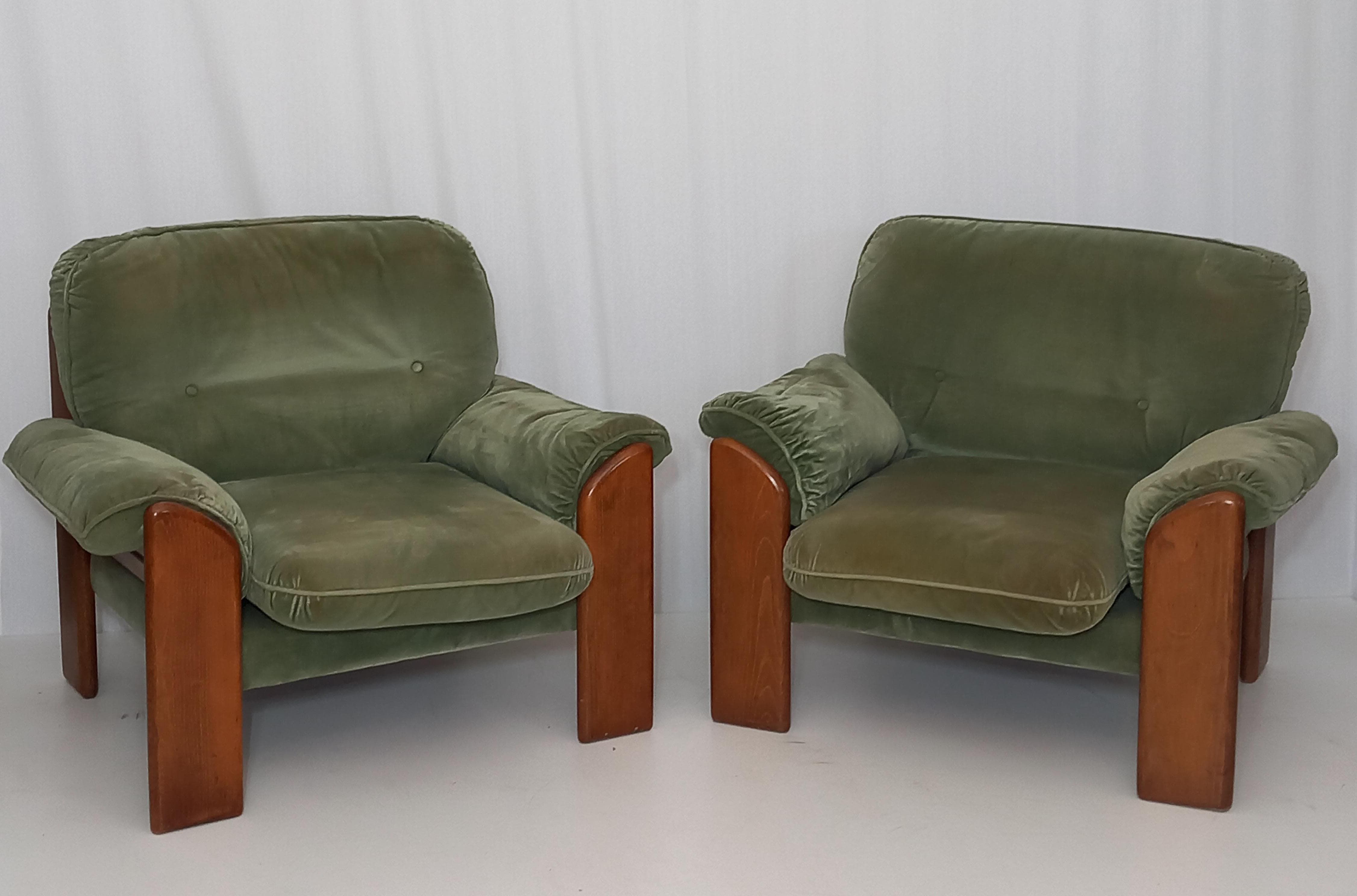 70er Retro Samt Sofa Set Grün: 2-Sitzer Couch und 2 Sessel Details