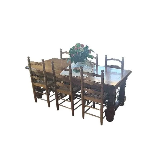 Set tavolo rettangolare e 6 sedie in legno (anni '80) 
