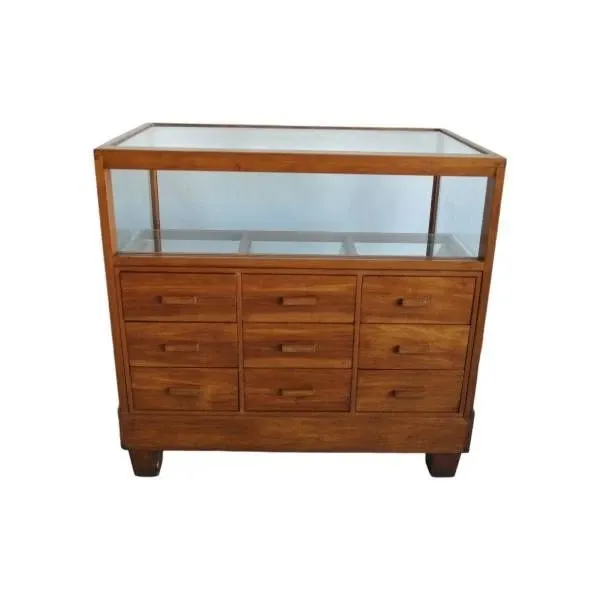 Cassettiera vintage in legno con vetrina (anni '50), 