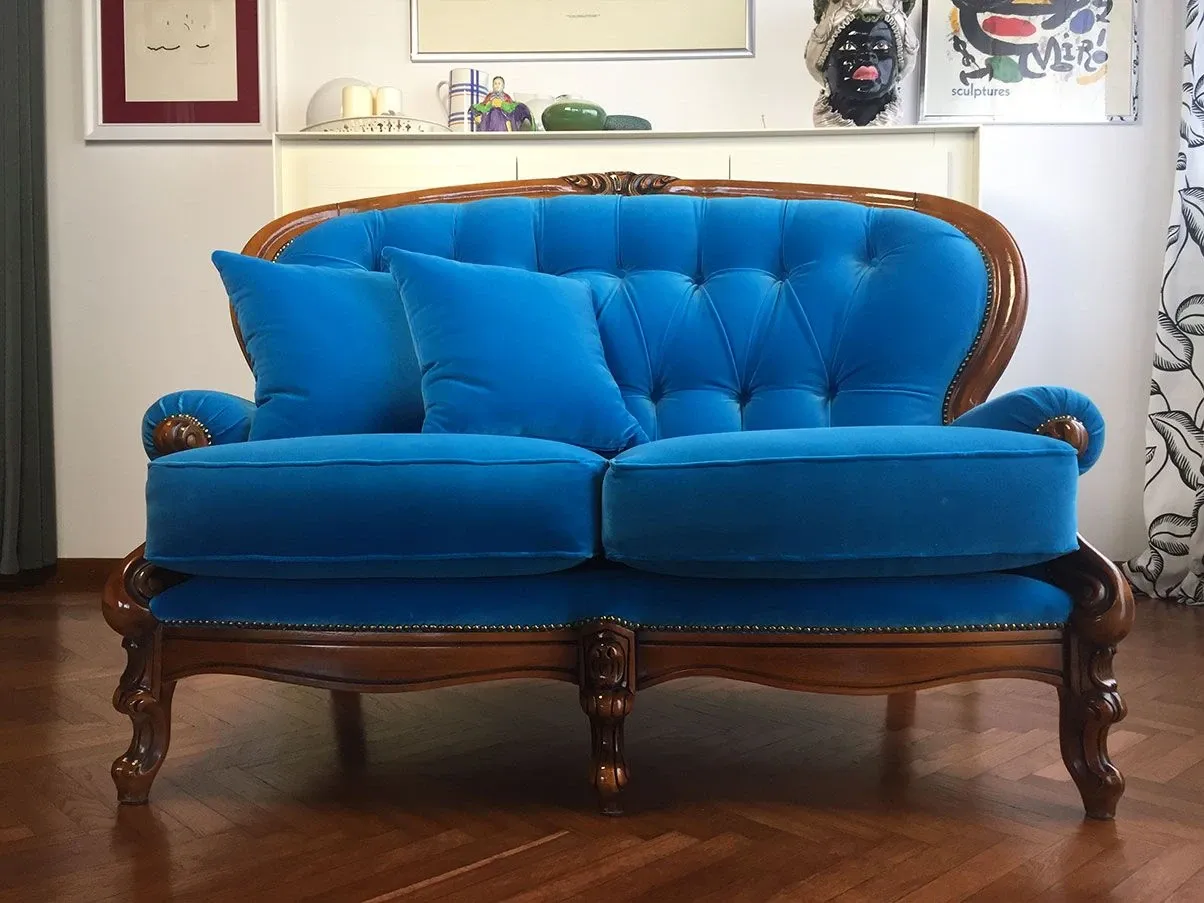 Divano vintage in stile Chippendale in velluto (azzurro) 3