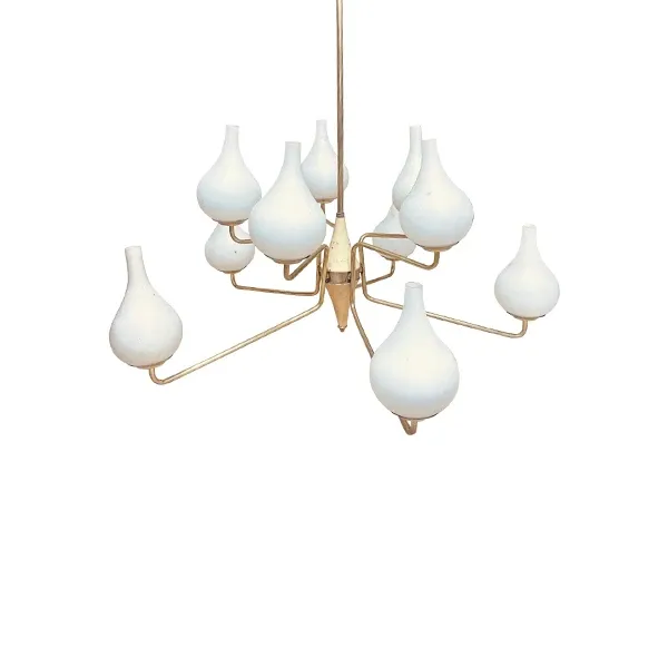 Large Vintage Brass & Opaline Glass Chandelier (1950s) image