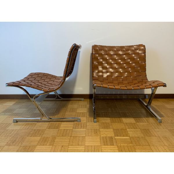 Set of 2 Luar armchairs in steel and natural leather by Ross Littell, ICF image