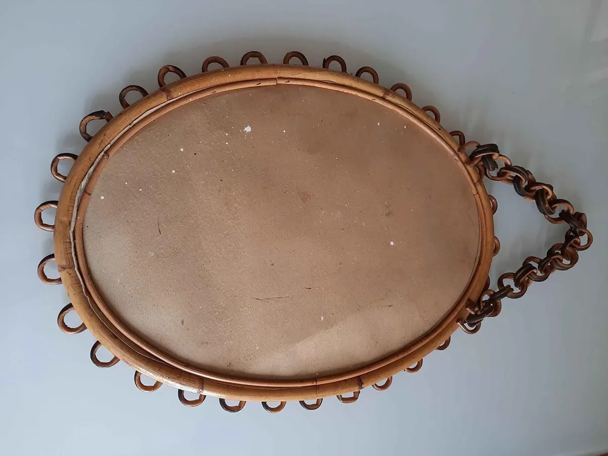 Vintage oval wall mirror in wicker and bamboo, 1