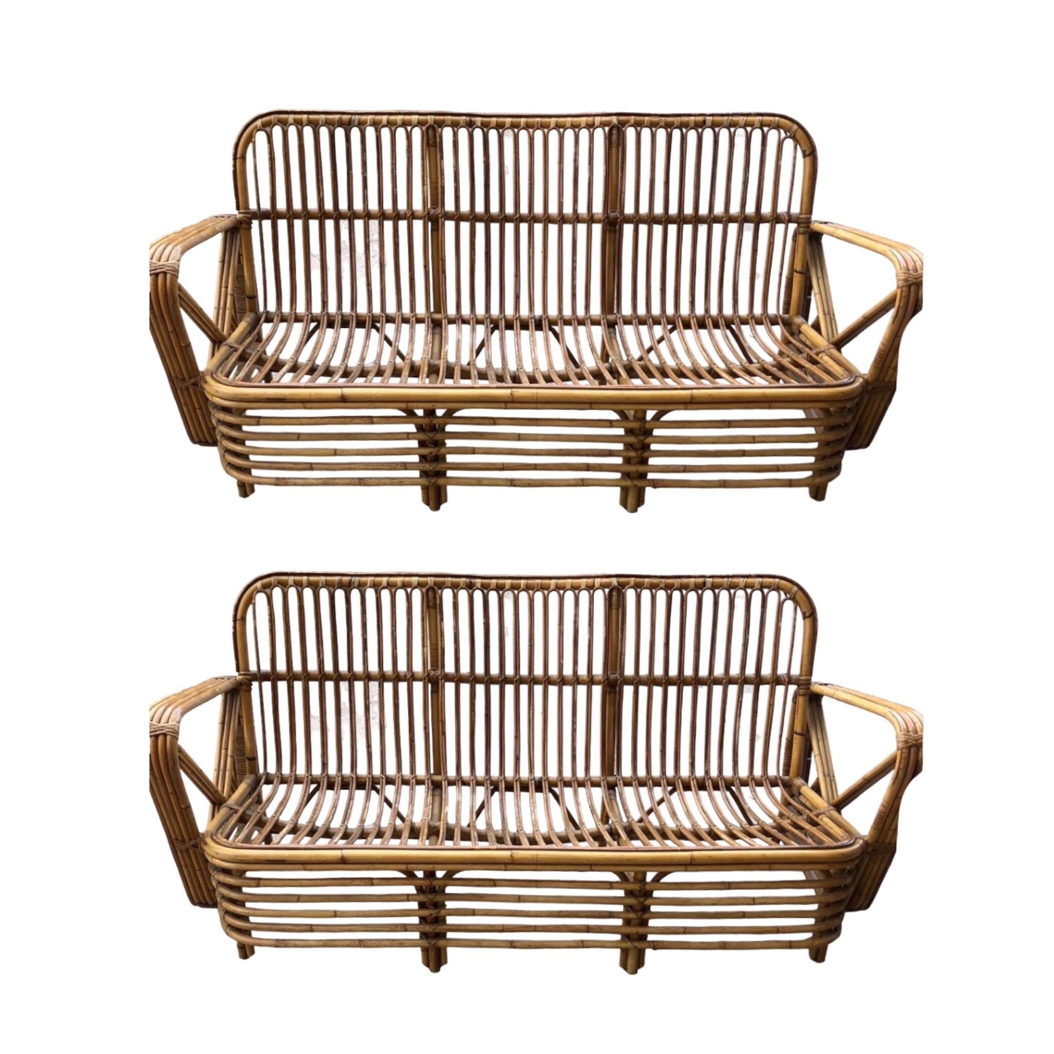 Pair of bamboo rattan sofas in the 1950s Paul Frankl style image