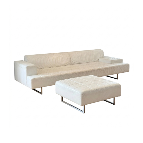 Set divano 4 posti pouf Quadra in pelle bianca image
