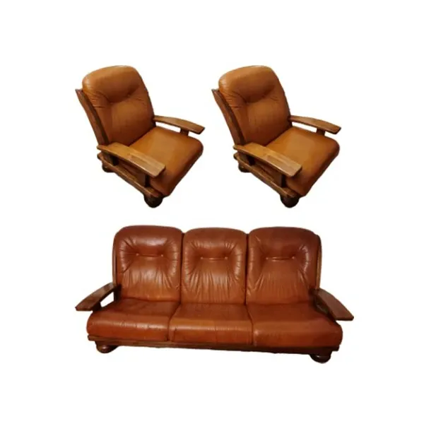 3 seater sofa set and 2 armchairs in wood and vintage leather image