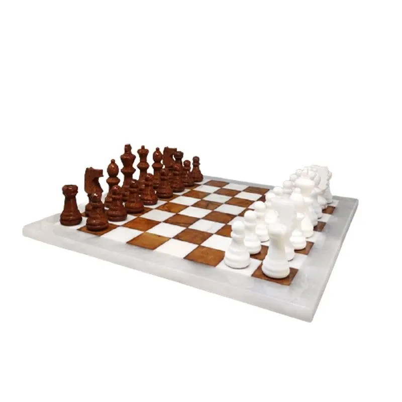 1970s white and brown chess set in alabaster from Volterra  image