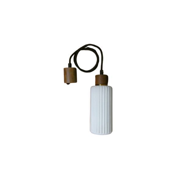 Lampada a sospensione in vetro opalino bianco e teak (anni '50), image