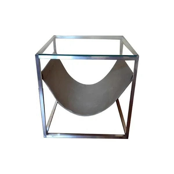 Glass coffee table with leather magazine rack 4