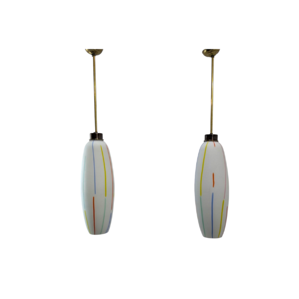 Coppia di lampade a sospensione in vetro opalino (anni '50), image