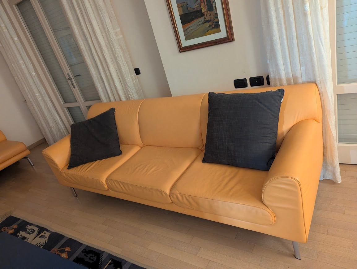 Eos 3-Seater Orange Leather Sofa by Luciano Pagani and Angelo Perversi Front