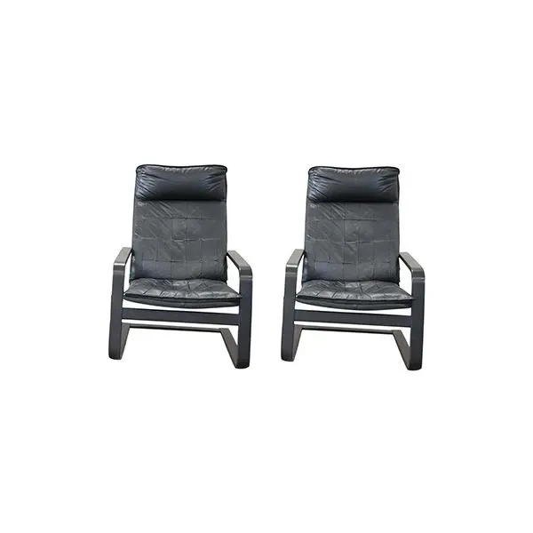 Set of 2 vintage armchairs in black leather (1970s), 