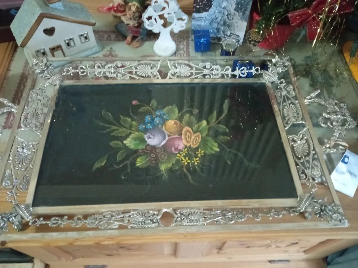 Vassoio vintage in bronzo con disegno floreale,  3