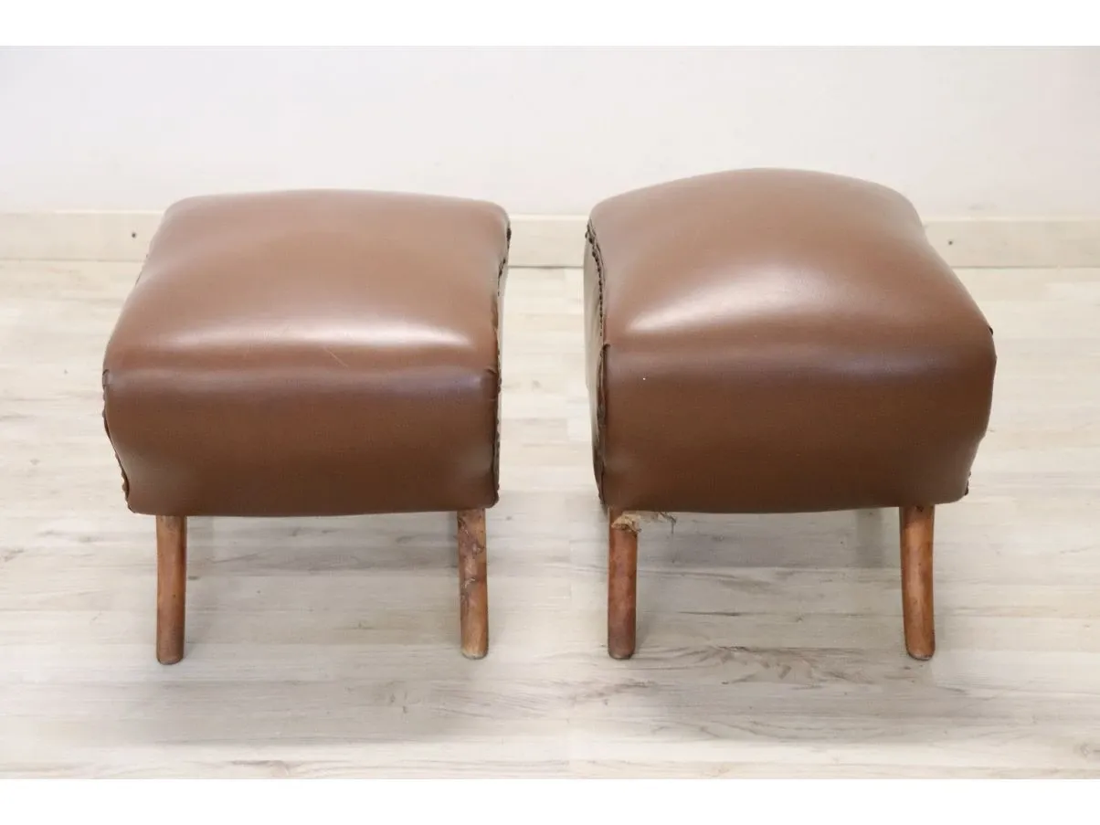 Set 2 pouf vintage in ecopelle marrone (anni '50),  3