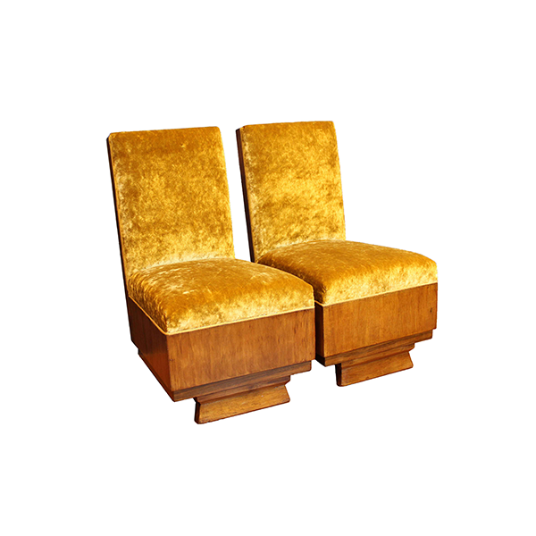 Set of 2 vintage armchairs in yellow velvet and wood (1940s), image