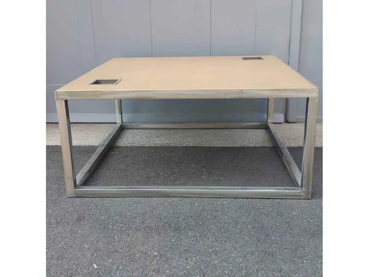Trinity square coffee table in metal and leather (beige), Baxter 3