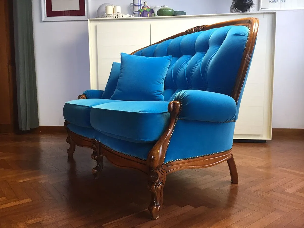 Divano vintage in stile Chippendale in velluto (azzurro) 