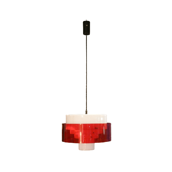 Mid-Century pendant lamp in white and red methacrylate and brass, image