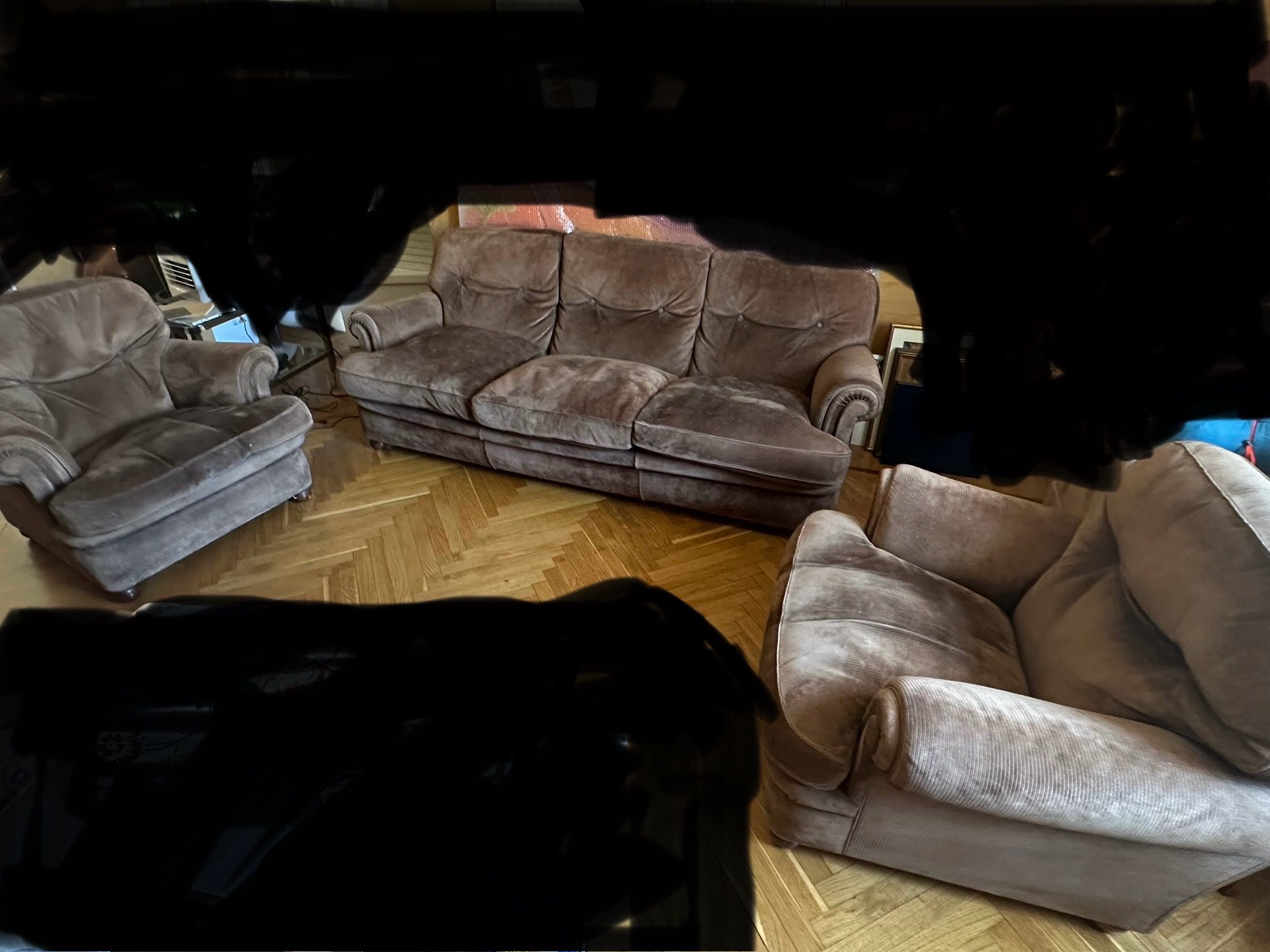Vintage Leder Sofa Set Braun: 3-Sitzer Sofa und 2 Sessel (80er, Dream) Details
